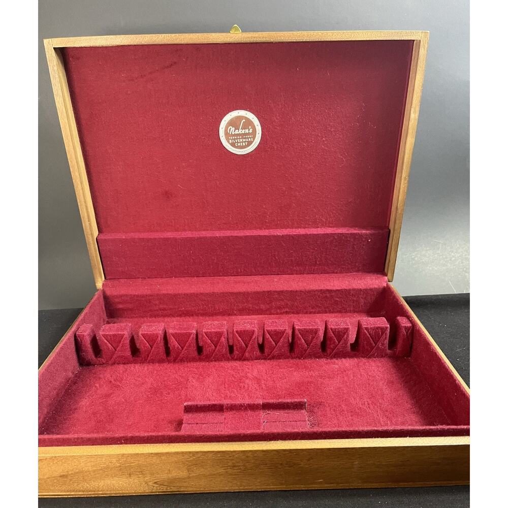 Empty Wooden Flatware Storage Box Red Lined Silverware Rectangular 15" x 11" x 3